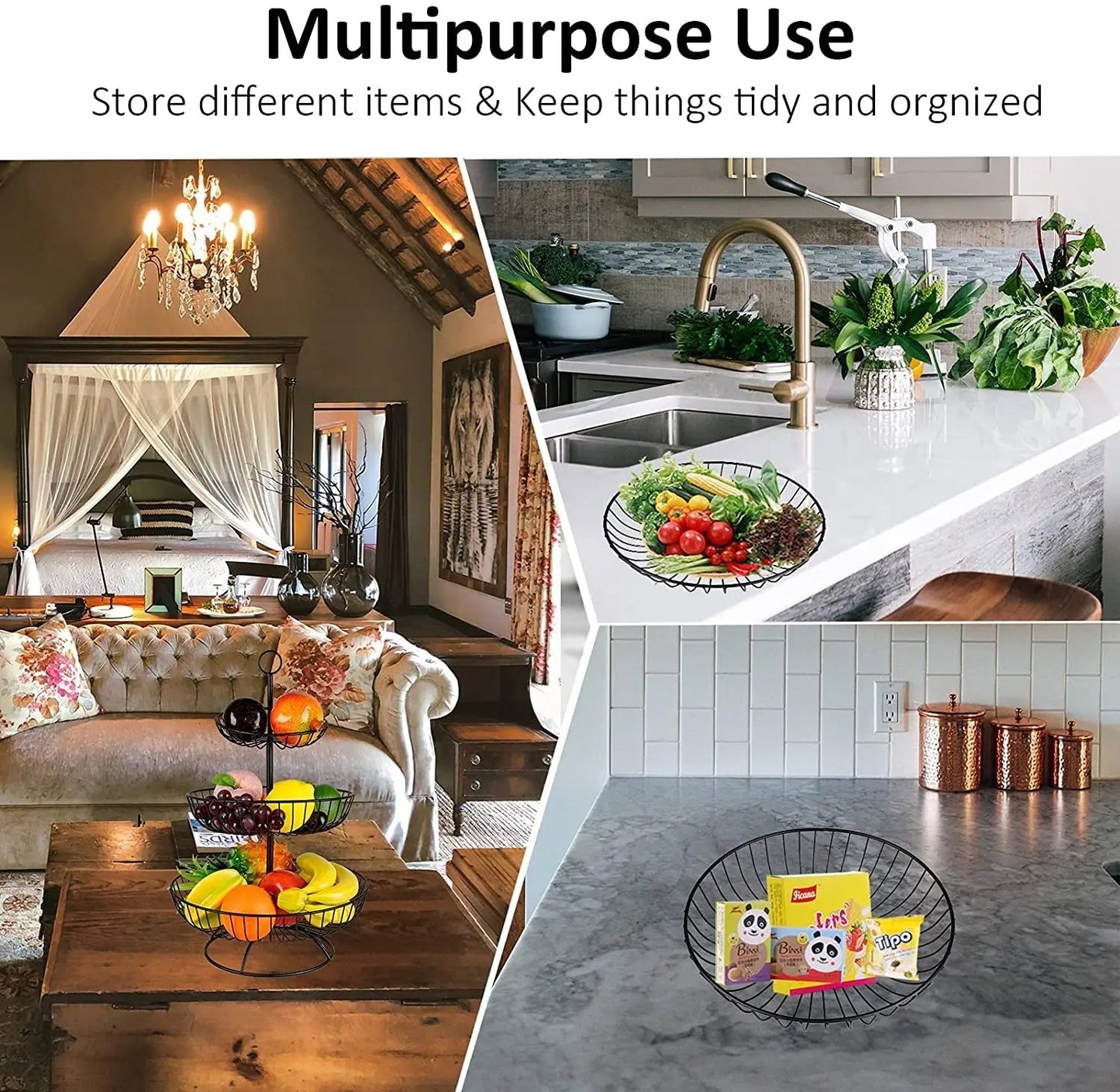 EXCLUZO 3-Tier Metal Wire Countertop Basket Bowl Rack for Fruit, Vegetables, Snacks
