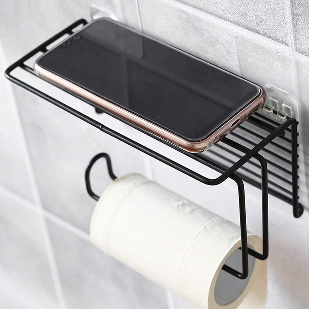 Tissue Toilet Paper Holder with Mobile Phone Storage Shelf, Wall-Mounted Paper Towel Storage Rack Bathroom Wall Shelf