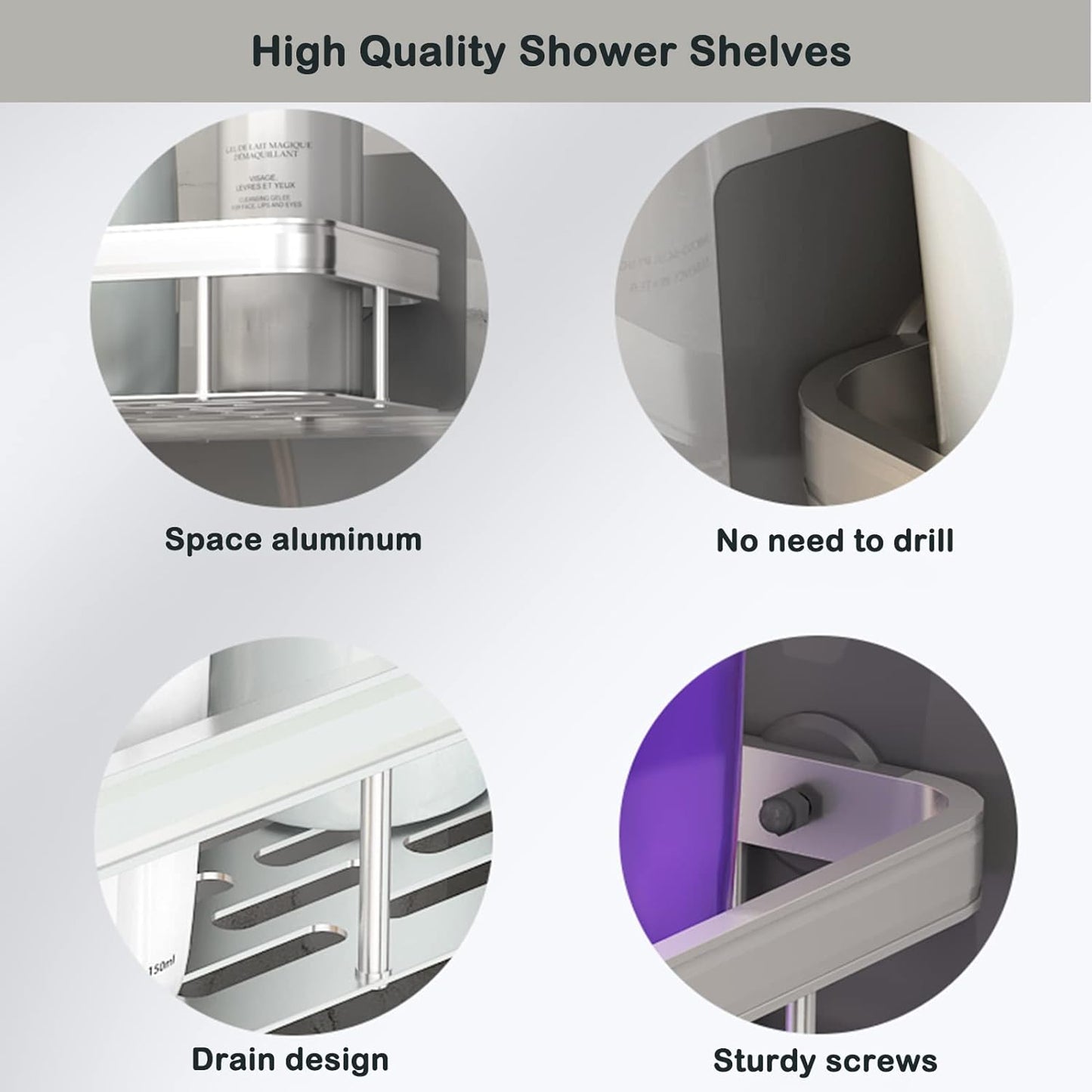 Adhesive Black Bathroom Shower Rack, No Drilling Wall Mounted Shower Organizer, Rustproof Basket for Bathroom, Toilet, Kitchen (2 Pack)