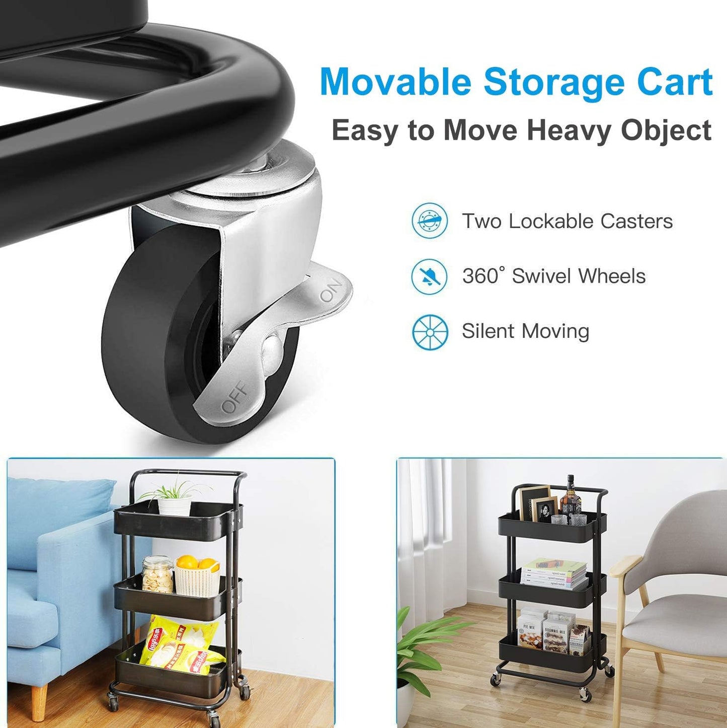 Dripex Storage Trolley Cart,Multi-Purpose Trolley Organizer Cart with Casters,ABS Rolling Cart Storage Organiser with Ergonomic Handles for Bathroom, Kitchen, Office, Library (Black, 3 Tier)