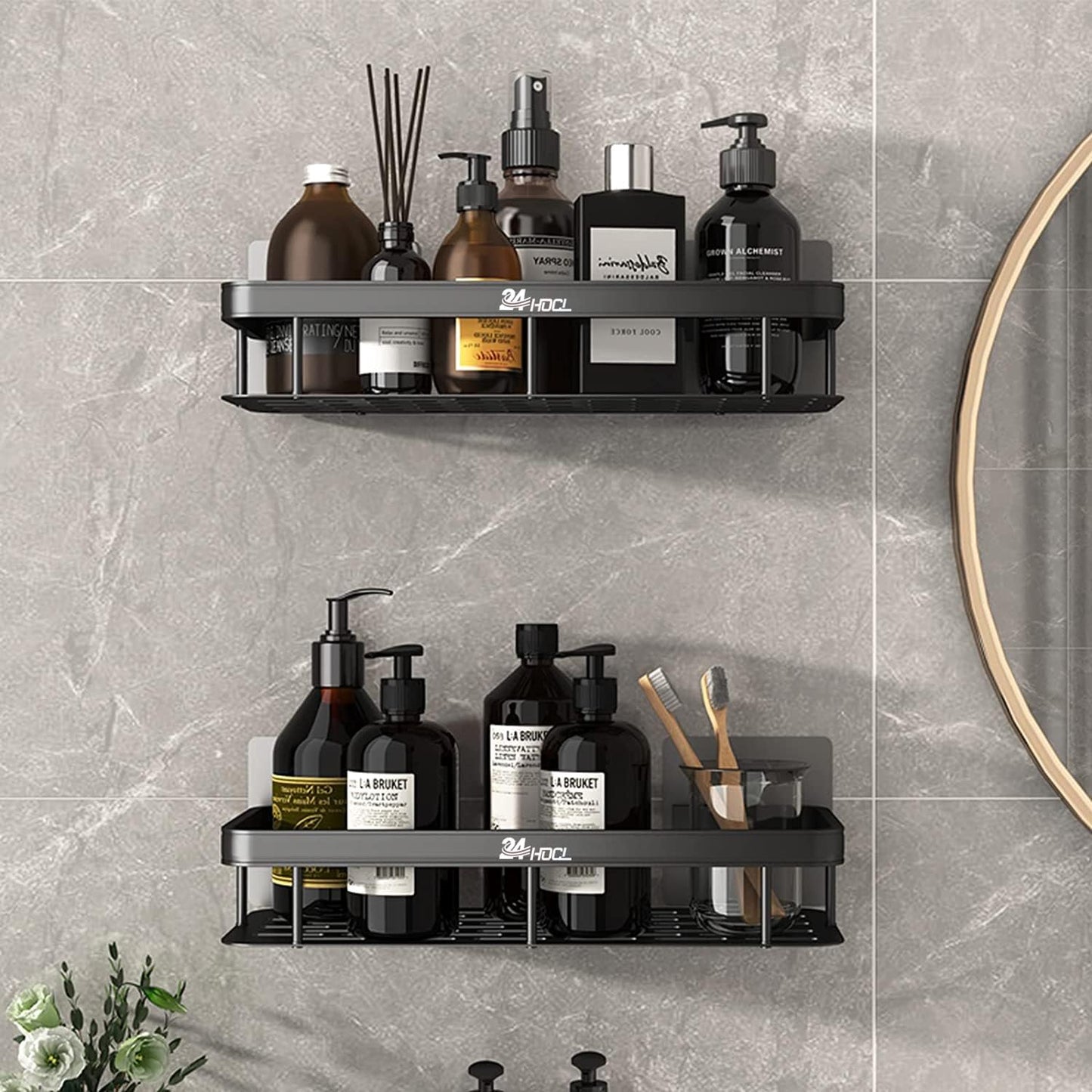 Adhesive Black Bathroom Shower Rack, No Drilling Wall Mounted Shower Organizer, Rustproof Basket for Bathroom, Toilet, Kitchen (2 Pack)