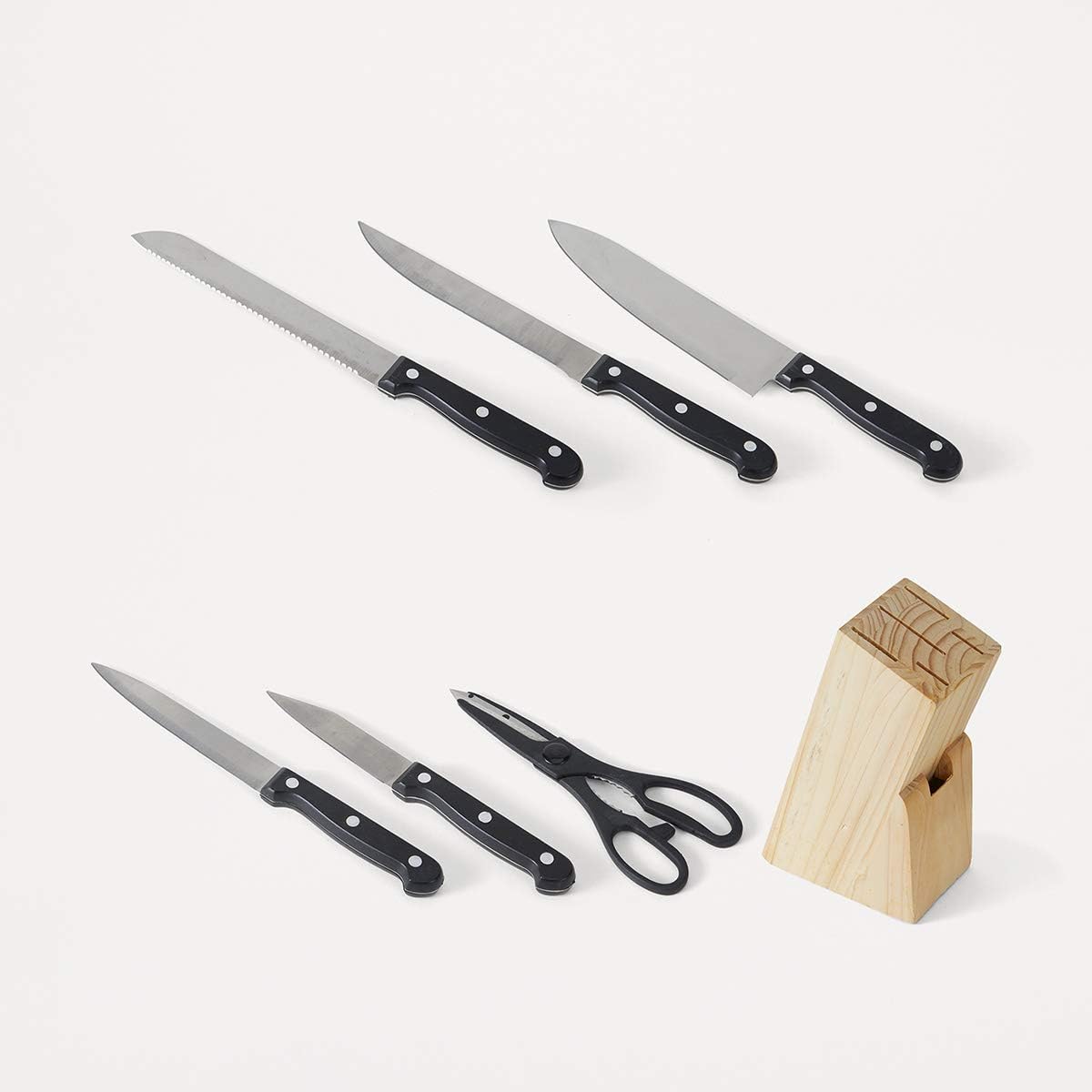 Anko Essential Stainless Steel Kitchen Knives Easy Sharpening and Edge Retention, Knife Block Set (Knives & Scissor) - 7pcs Set