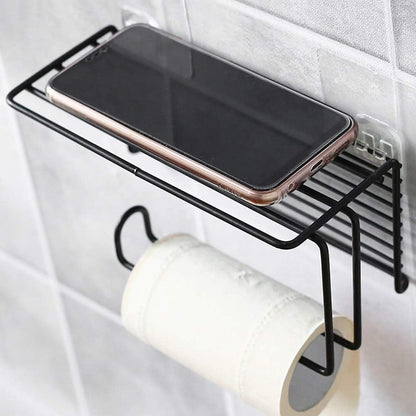 Tissue Toilet Paper Holder with Mobile Phone Storage Shelf, Wall-Mounted Paper Towel Storage Rack Bathroom Wall Shelf