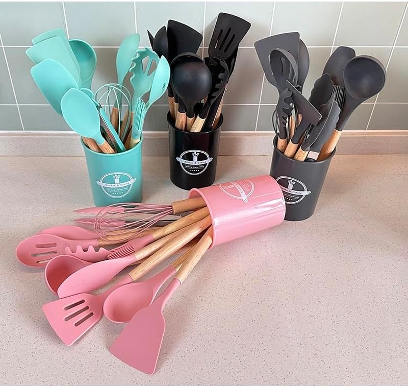 Silicone Cooking Set 12 (GRAY) Safe odor free,Comfortable handle fit hand shape long grip not tired;