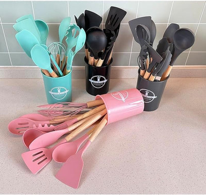 Silicone Cooking Set 12 (GRAY) Safe odor free,Comfortable handle fit hand shape long grip not tired;