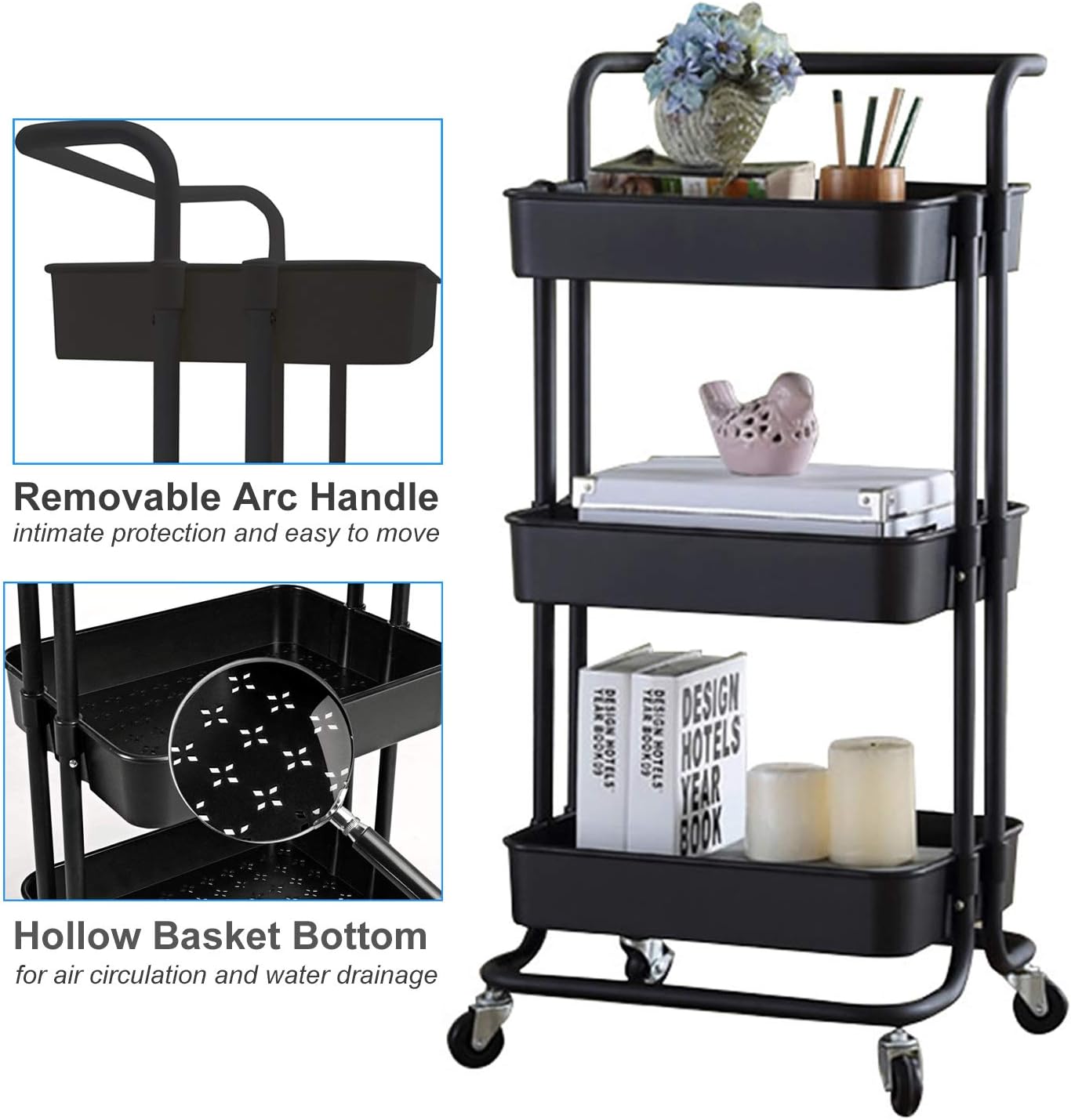 Dripex Storage Trolley Cart,Multi-Purpose Trolley Organizer Cart with Casters,ABS Rolling Cart Storage Organiser with Ergonomic Handles for Bathroom, Kitchen, Office, Library (Black, 3 Tier)