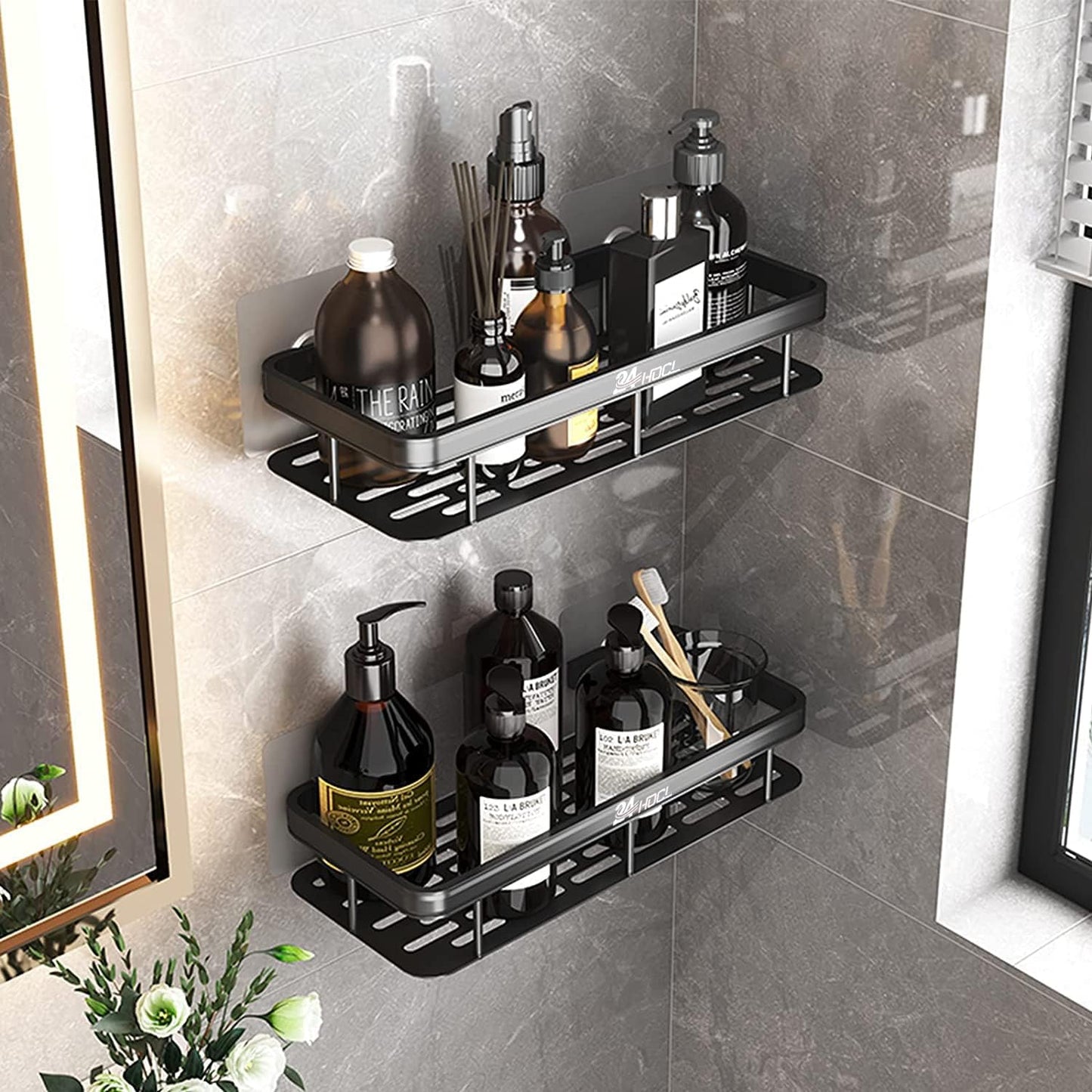 Adhesive Black Bathroom Shower Rack, No Drilling Wall Mounted Shower Organizer, Rustproof Basket for Bathroom, Toilet, Kitchen (2 Pack)