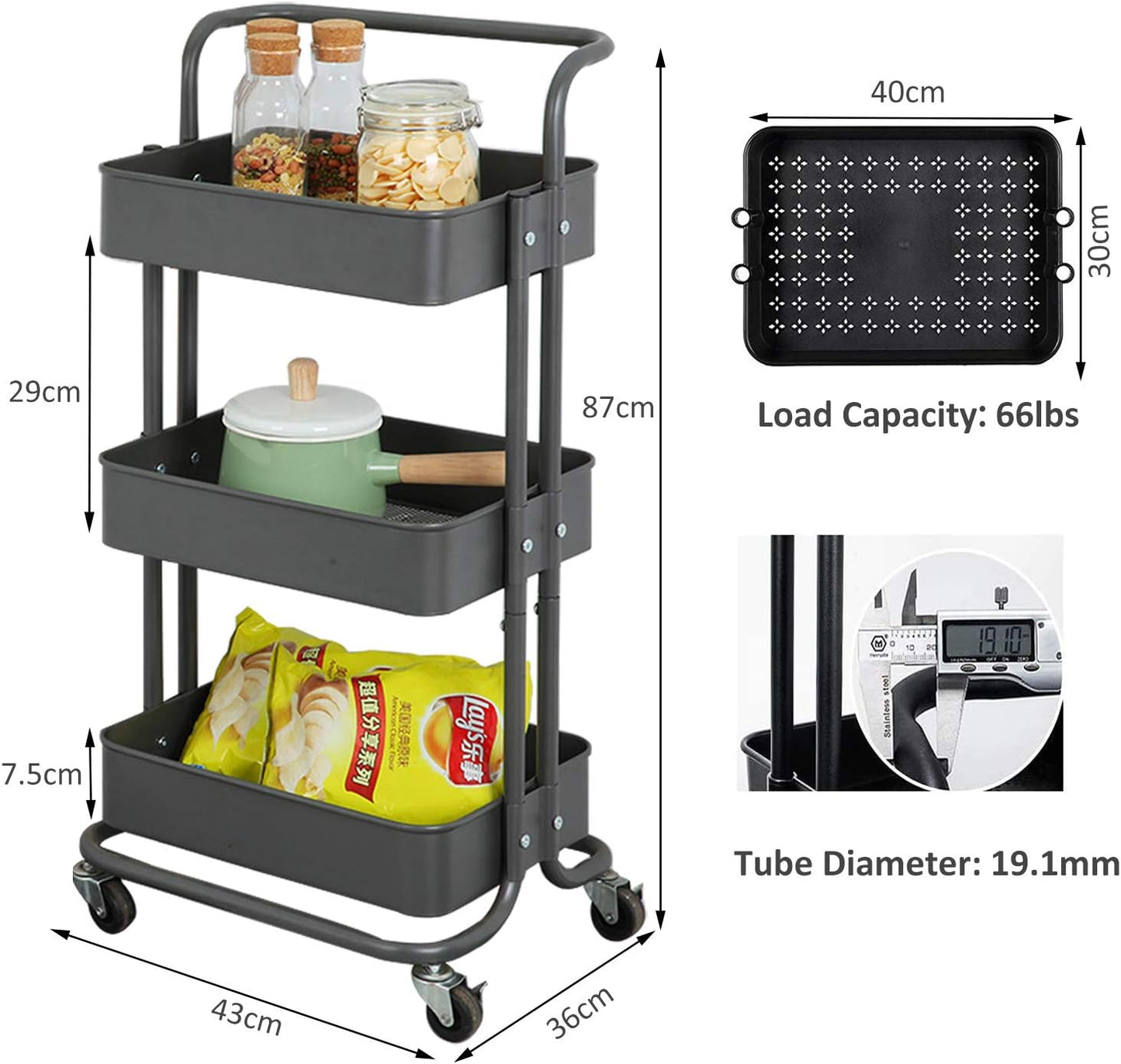 Dripex Storage Trolley Cart,Multi-Purpose Trolley Organizer Cart with Casters,ABS Rolling Cart Storage Organiser with Ergonomic Handles for Bathroom, Kitchen, Office, Library (Black, 3 Tier)