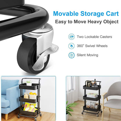 Dripex Storage Trolley Cart,Multi-Purpose Trolley Organizer Cart with Casters,ABS Rolling Cart Storage Organiser with Ergonomic Handles for Bathroom, Kitchen, Office, Library (Black, 3 Tier)