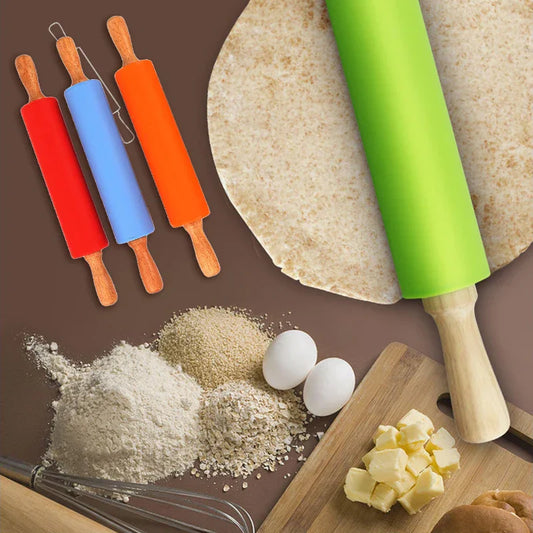 Handle Pin Pastry DougNon-Stick Wooden h Flour Roller Silicone Rolling Pin Kitchen Baking Cooking Tools