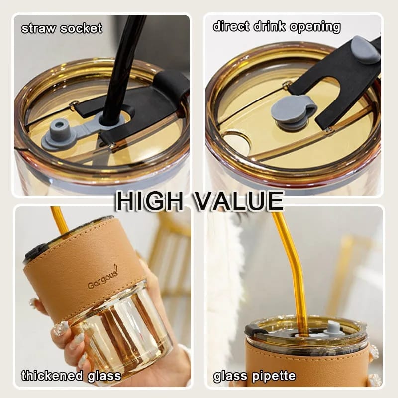 Coffee Cup Glass Mug With Lid And Straw,